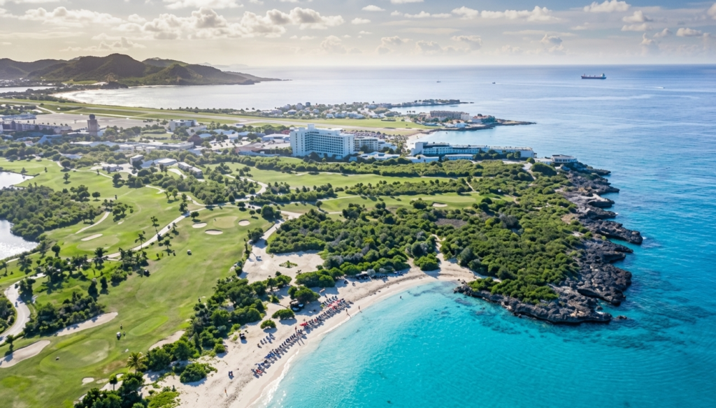 Aerial view of a seaside golf resort with green fairways along a rocky coast a sandy beach with loungers and turquoise water