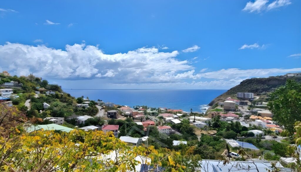 Hilly coastal town with colorful houses cascading down to the blue sea, under a bright sky with scattered clouds, foreground greenery. Signifies a scenic coastal view.