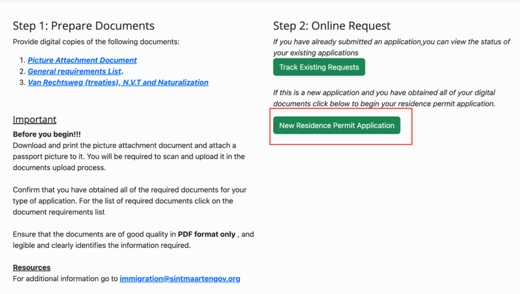 Two-column guide for online residence permit: Step 1 lists required documents; Step 2 offers tracking and a New Residence Permit Application button.