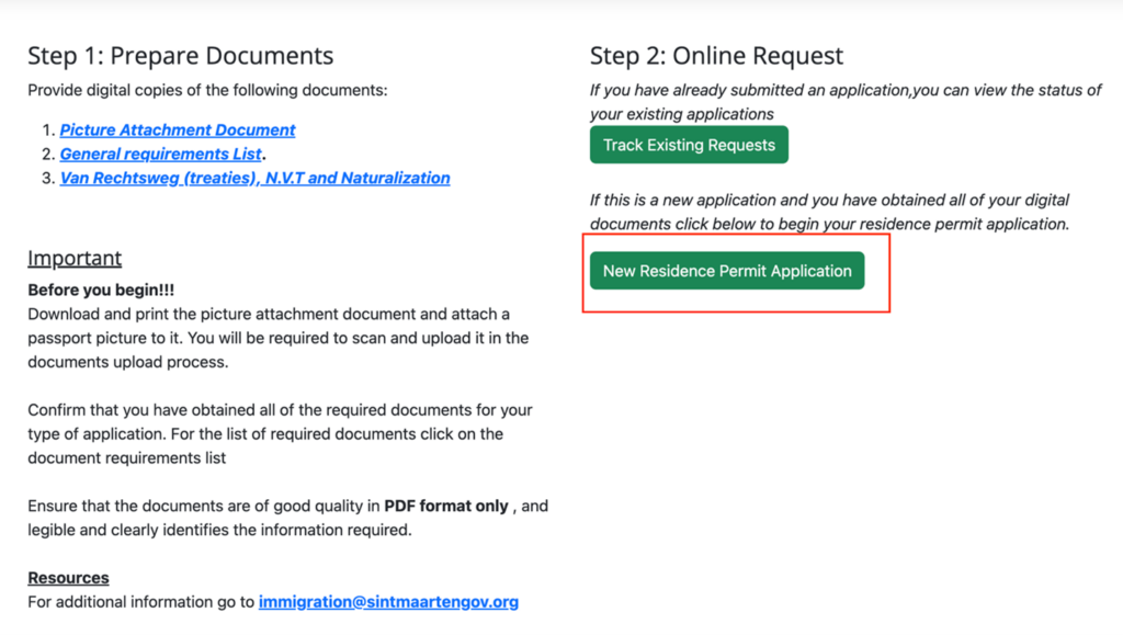 Two-column page with Step 1 listing required documents and Step 2 showing action buttons for residence permit applications (Track Existing Requests and New Residence Permit Application).