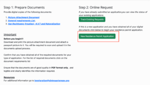 Screenshot of online permit application steps: Step 1 Prepare Documents, Step 2 Online Request with a highlighted 'New Residence Permit Application' button.