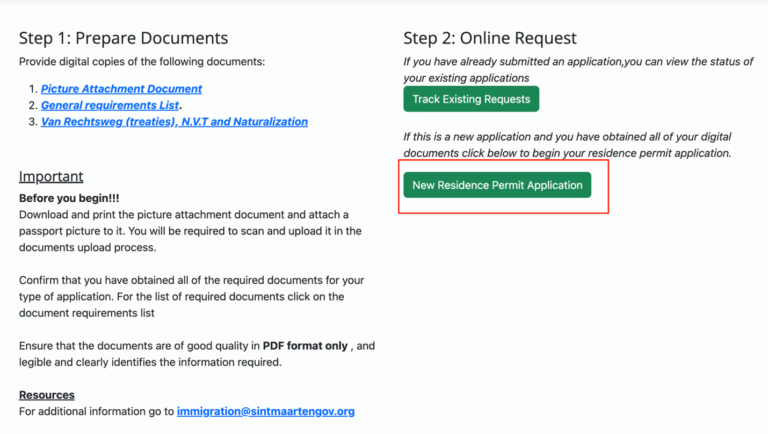 Split-page instruction: Step 1 'Prepare Documents' with a list of documents; Step 2 'Online Request' with a green 'New Residence Permit Application' button (outlined in red) and a 'Track Existing Requests' button.
