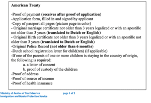 Page listing required documents for an American Treaty application: proof of payment, application form, passport copies, birth/marriage certificates, proof of income, and contact/address details.