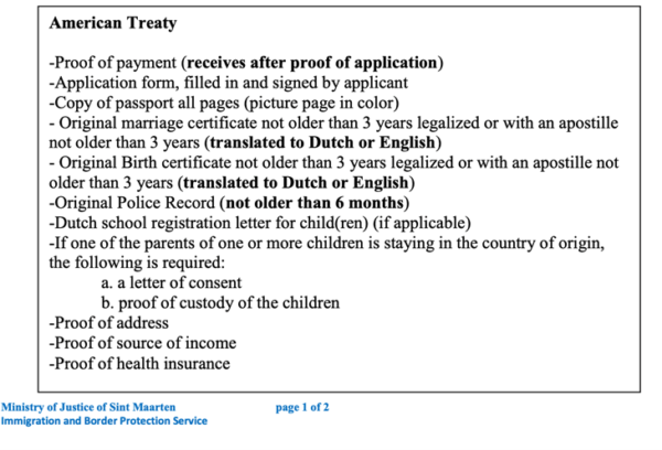 Page 1 of 2 from a Sint Maarten immigration form titled 'American Treaty' listing required documents: payment proof, signed application, passport copies, translated birth/marriage certificates, police record, school letter for children, parental consent if a parent is abroad, proof of address, income, and health insurance.