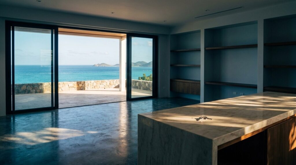 An empty hillside villa living room on the Dutch side of St Maarten with keys on the counter at handover