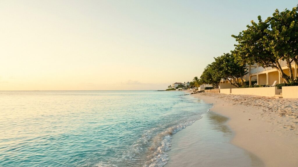 Sunrise over Dawn Beach on the east coast of Sint Maarten with beachfr - Wei Landgraf Sunrise over Dawn Beach on the east coast of Sint Maarten with beachfront condominium terraces