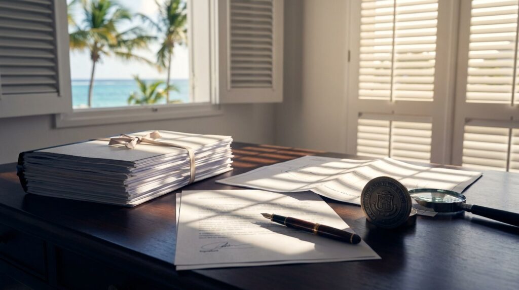 Property deed documents and a cadastral survey plan on a notary desk i - Wei Landgraf Property deed documents and a cadastral survey plan on a notary desk in Sint Maarten, lit through louvered shutters