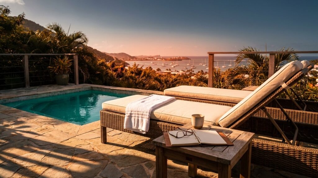 Terrace of a rental villa on the Dutch side of St Maarten at golden ho - Wei Landgraf Terrace of a rental villa on the Dutch side of St Maarten at golden hour, plunge pool overlooking Simpson Bay