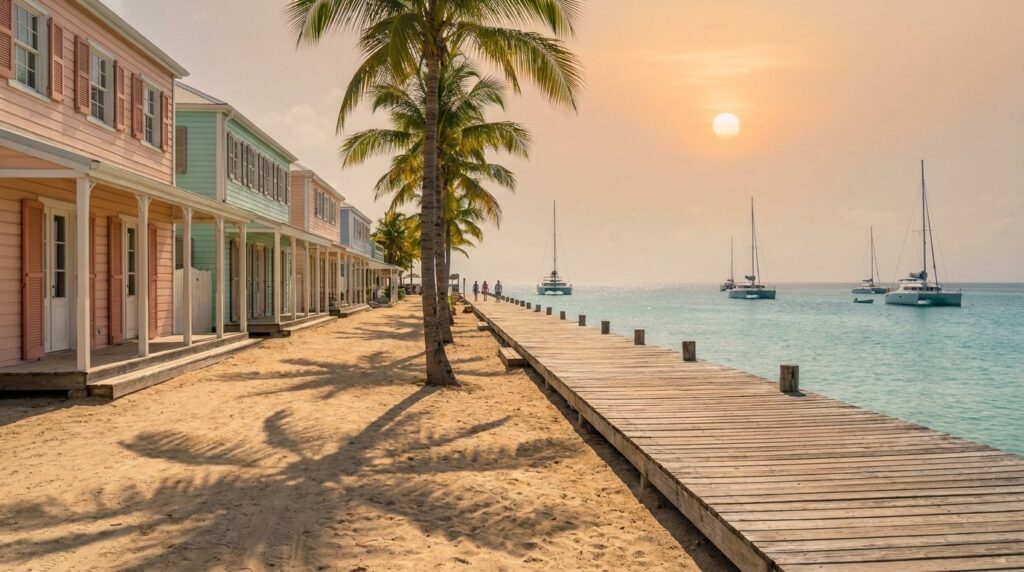 The Philipsburg boardwalk in St Maarten in late afternoon, pastel storefronts and catamarans offshore