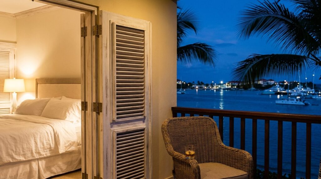 A resort balcony overlooking Simpson Bay, St Maarten at blue hour