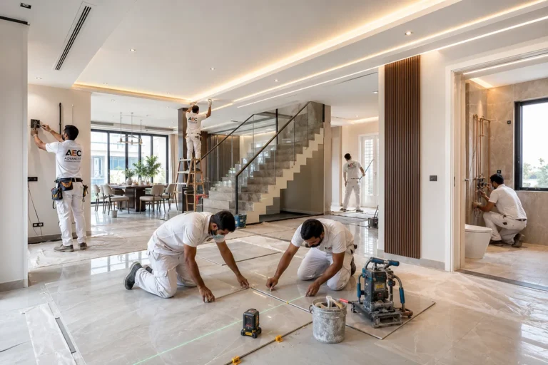 Construction crew installing flooring and measuring lines in a modern open-plan living area with staircase in the background
